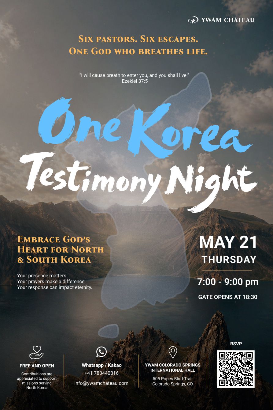 One Korea Testimony Night poster, Six pastors. Six escapes. One God who breathes life. May 21, Colorado Springs.
