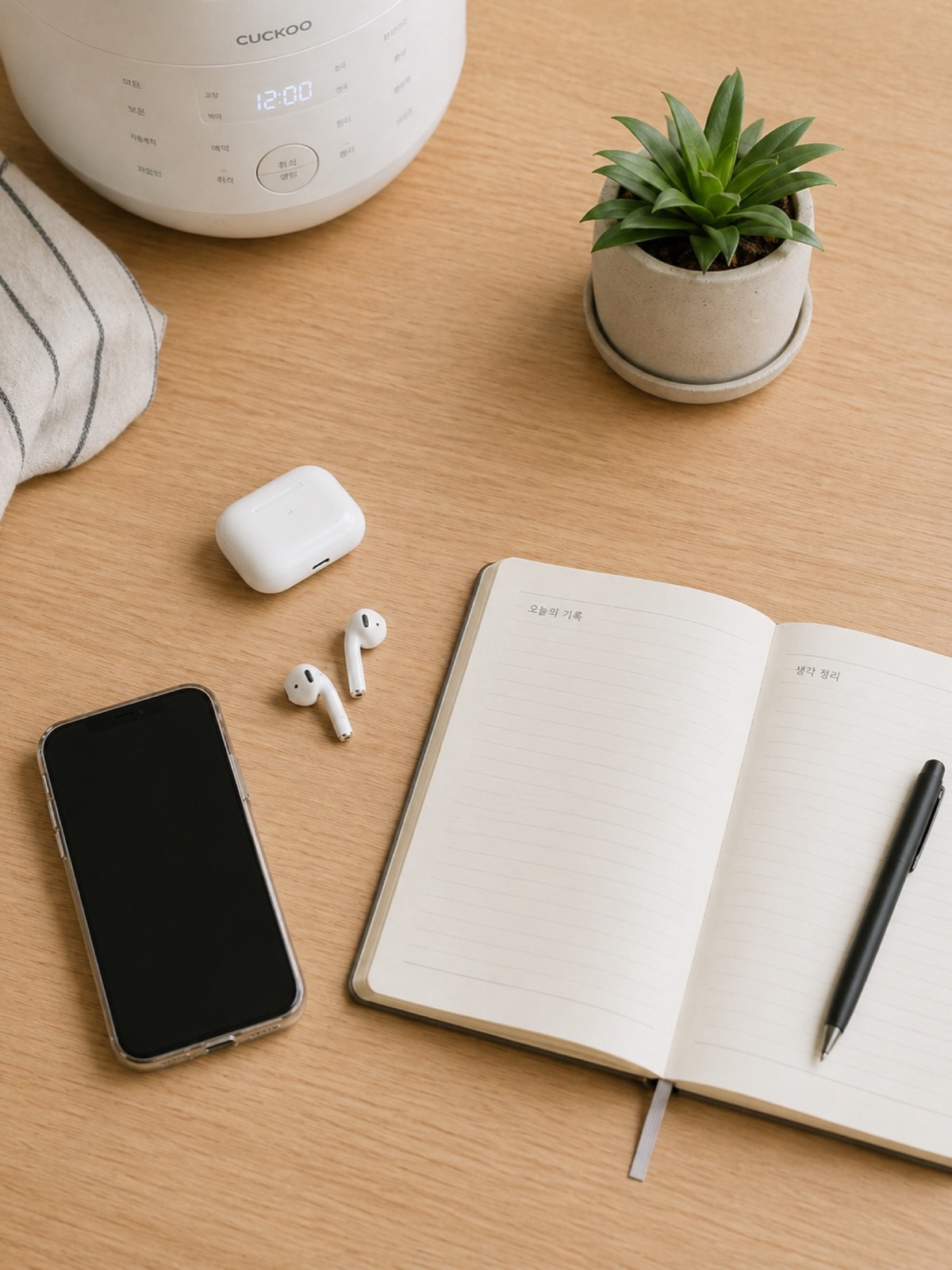 A simple desk, laptop, notebook, coffee, the tools already on your table.